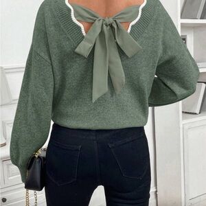 Green V-Neck Sweater with Scallop Trim and bow